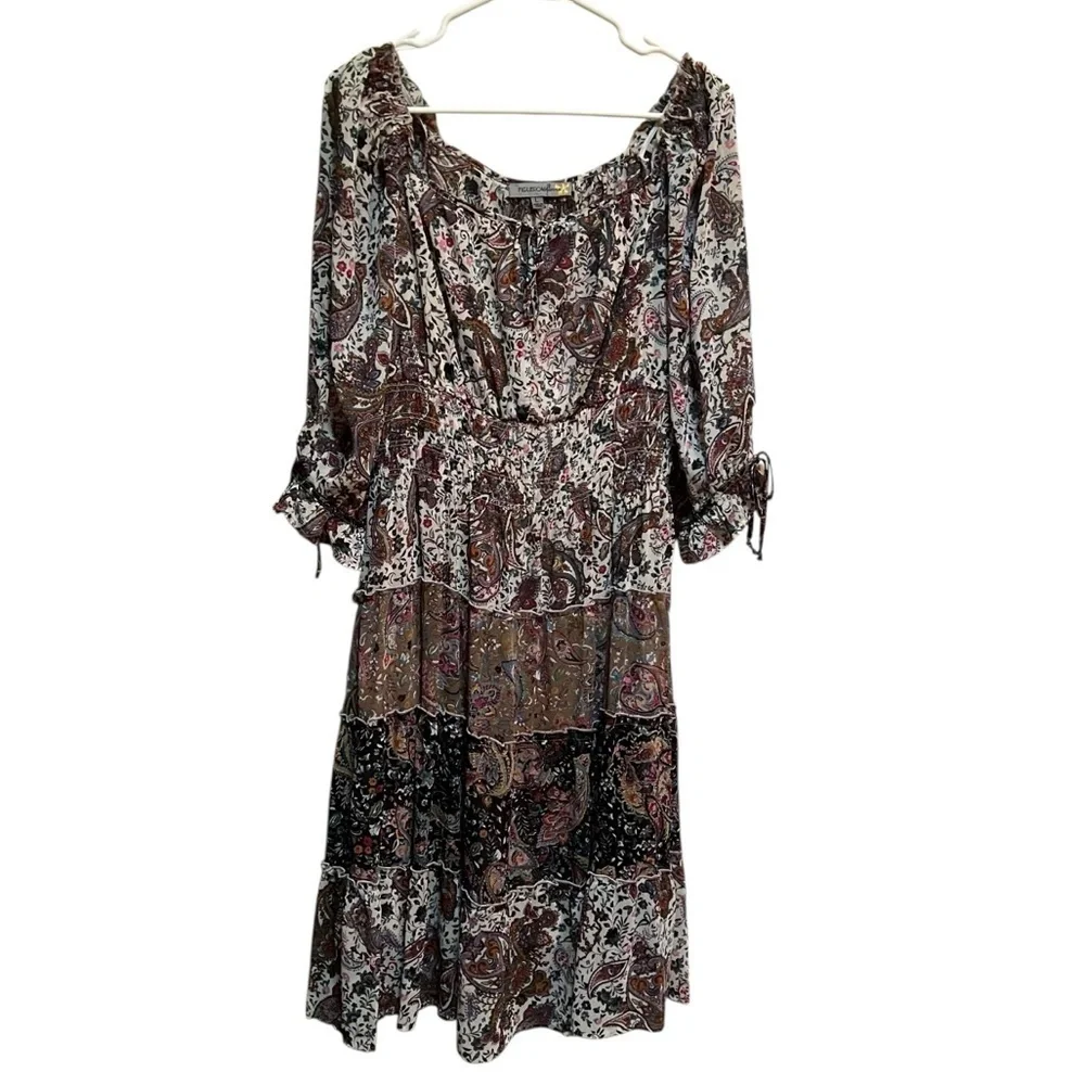 Figueroa & Flower Women's Size Large Midi Dress Boho Paisley Floral Off Shoulder